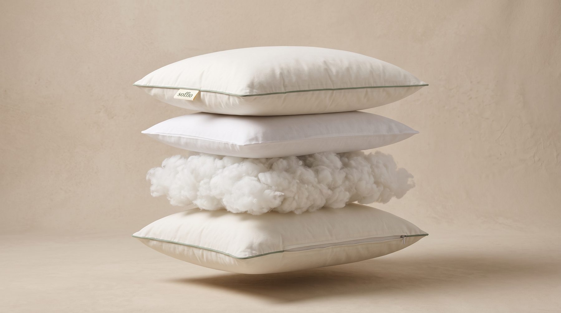 Exploded view of the soffio pillow: percale cover, inner case, fibre fill and zipped back panel