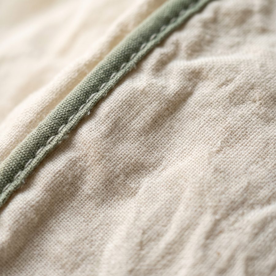 Macro of stone-washed percale with the sage piping