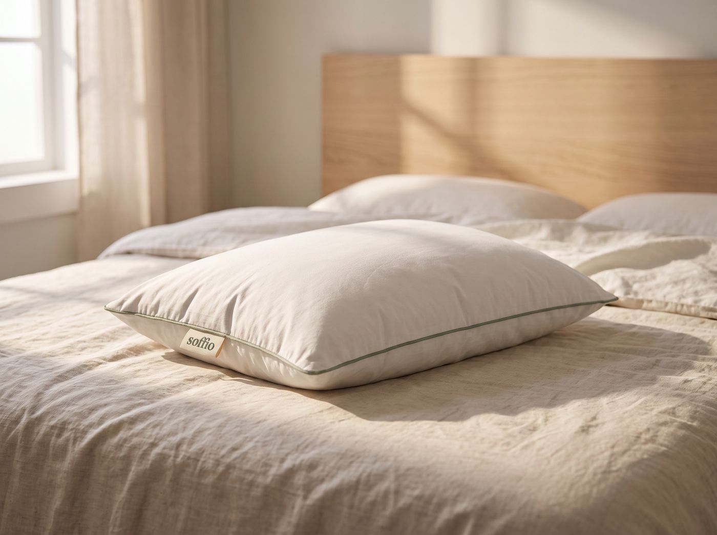 The soffio pillow on a bed in morning light